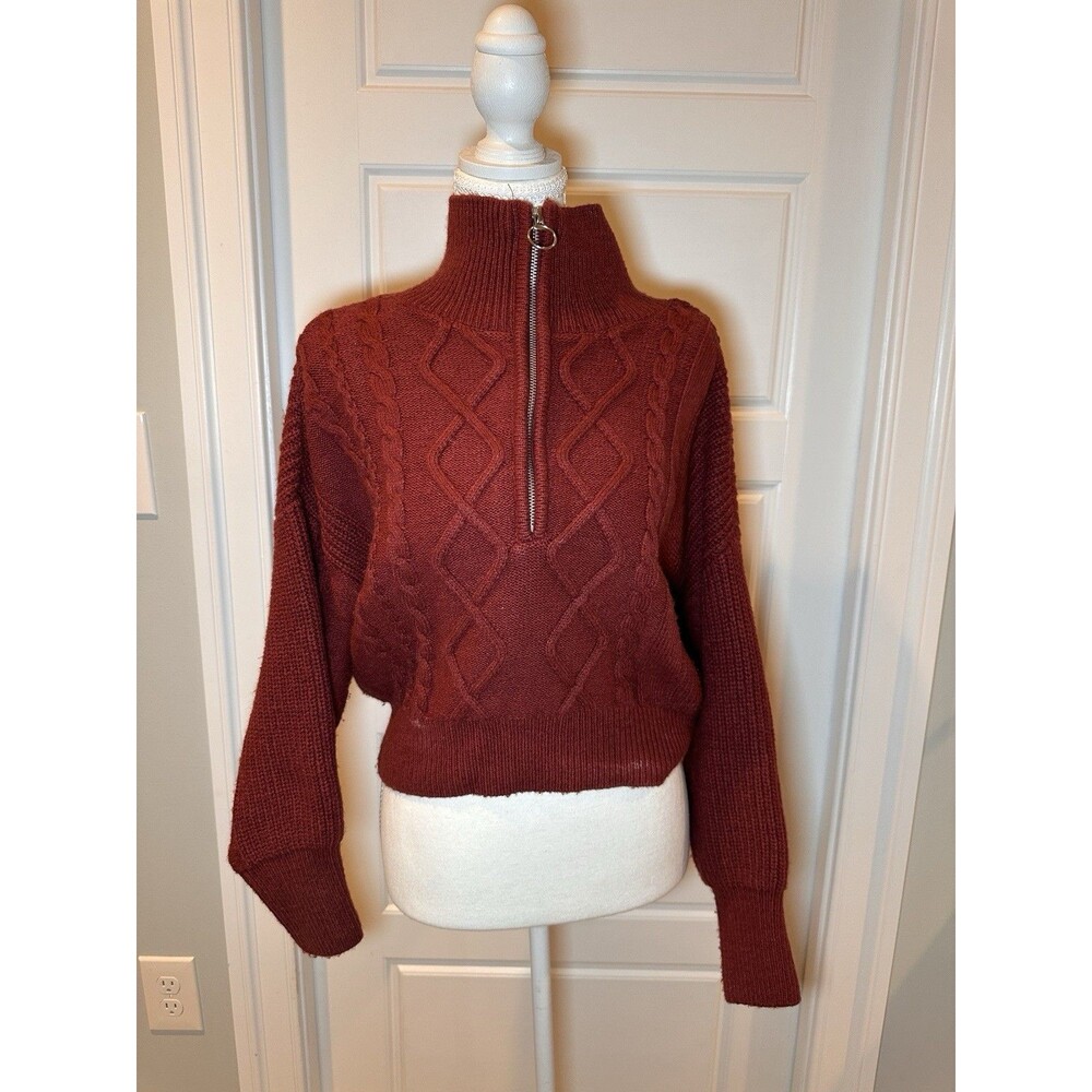 Urban Outfitters Red Cable Knit Quarter Zip Sweater Oversized Cropped XS